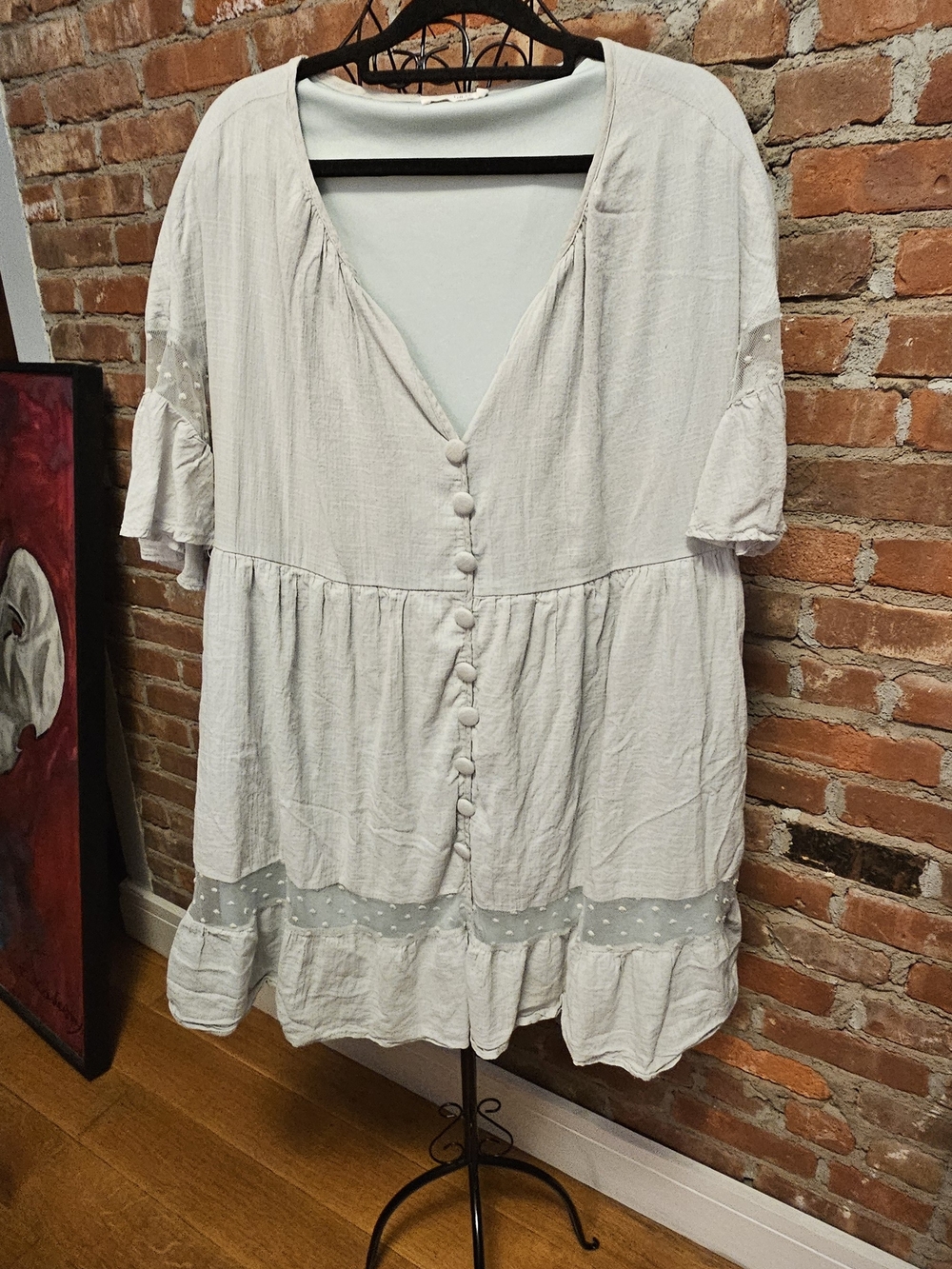 Women’s Sea Foam Green Cotton Button-Front &  Knee Length  Dress with Ruffle Hem